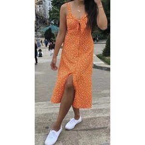 JOA Just‎ One Answer Midi Dress Size L Orange Floral  Sleeveless Tie Bow Front